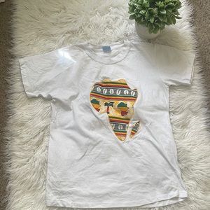 White Africa T-shirt with colors of Africa Green Yellow Red and black.